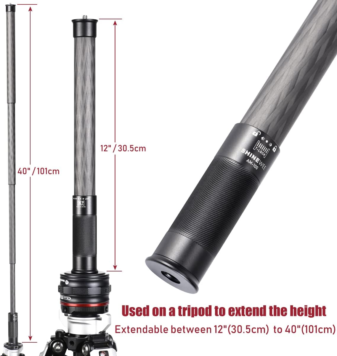 Carbon Fiber Extension Pole,Fast Twisting Lock 4 Section Tube,1/4 Screw Mount Compatible with Camera Phone Gimbal Video Stablizer,Lightweight Camera Stick for Photography