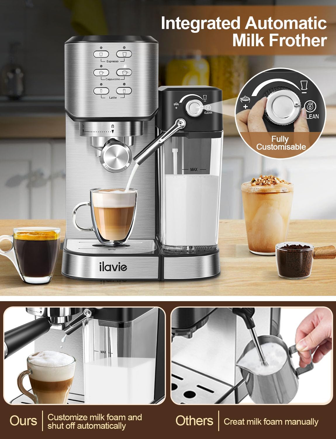 Espresso Machine 20 Bar, 6 in 1 Espresso Coffee Machine Built In Milk Frother for Espresso, Cappuccino and latte with 1000ML Water Tank, 1350W