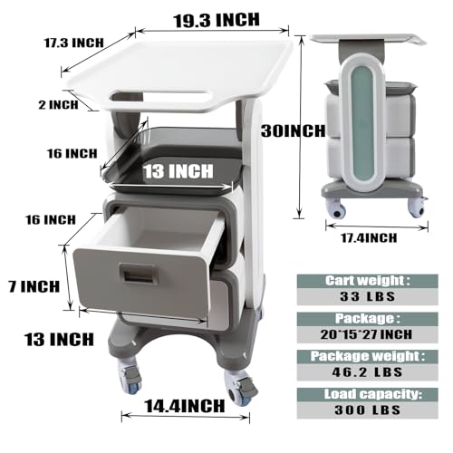 Medical Trolley Cart with Drawers, Hospital Ultrasound Cart, Rolling Bathroom Cart with Wheels and Trays, Beauty Salon Storage Cart for Estheticians, Mobile Utility Cart for Dental Clicnic, Lab