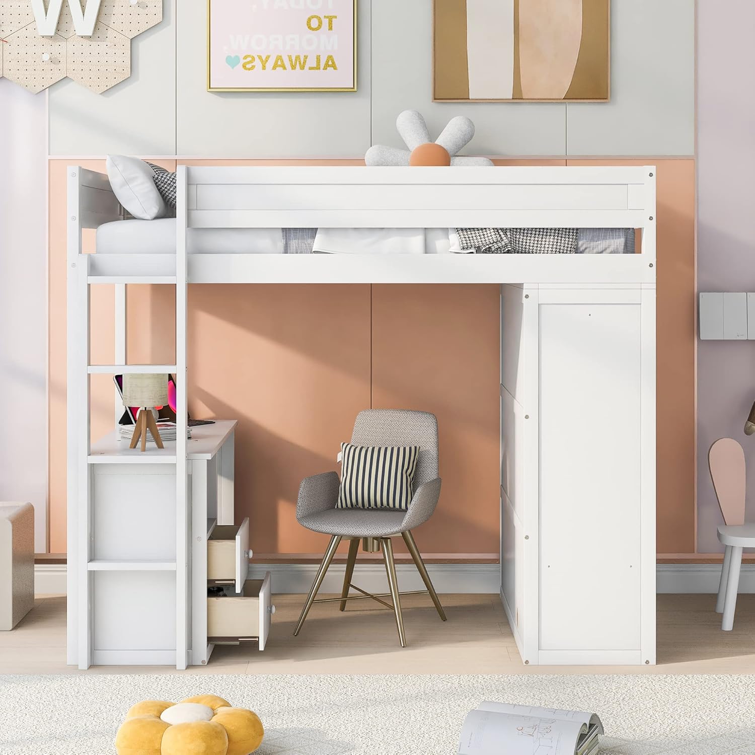Modern Twin Loft Bed with Desk and Wardrobe, Wooden Twin Size Loft Bed with Storage Drawers for Girls Boys Teens,No Box Spring Needed, White