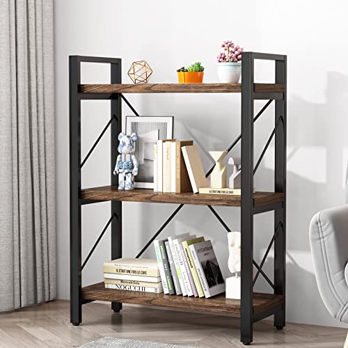 4 Tier Bookshelf Rustic Solid Wood Industrial Style Bookcase,Metal and Real Wood Vintage Bookshelf,Book Shelves Home Office, Retro Brown,Dark Matching credenza (4Tiers)