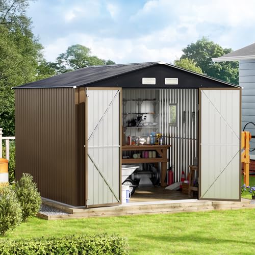 10X12X7.5 FT Outdoor Steel Storage Shed with Lockable Doors, 2 Windows, Transparent Roof Panels (Wood Panels & Frame Floor Not Included), Ideal for Patio Storage,Garbage Can, Chicken Coop，Brown