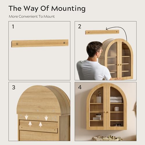 Large Arched Wall Cabinet, Bathroom Medicine Wall Mounted Cupboard, Modern Floating Storage Cabinet with Acrylic Door Adjustable Shelf, Wood Organizer (Natural Oak)