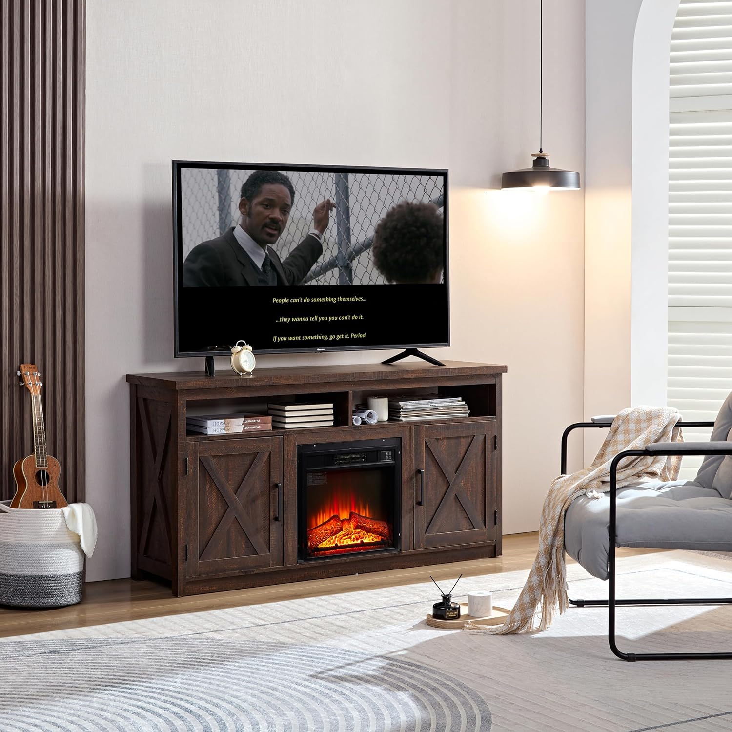 CHARMMA Farmhouse TV Media Stand, Large Barn Inspired Home Entertainment Console, with 18" Fireplace Insert, for TV Up to 65", with Open Shelves and Closed Cabinets, Espresso 57.87 * 15.75 * 30.31