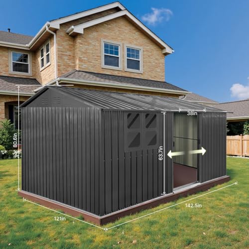 10' x 8' Large Outdoor Storage Shed, Sturdy Metal Building w/Windows & Lockable Doors for Garden, Backyard, Poolside and Lawn, Grey