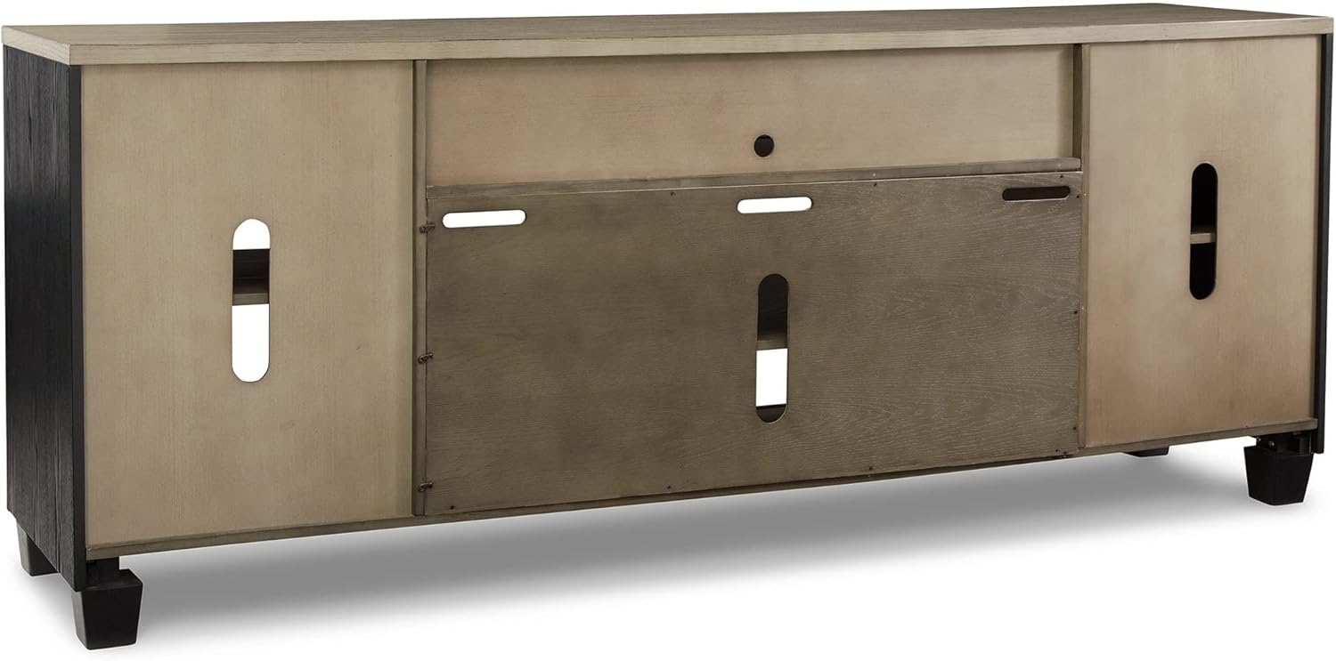 Benjara 83 Inch TV Entertainment Media Console, 2 Door, Wood, Glass, Black and Brown