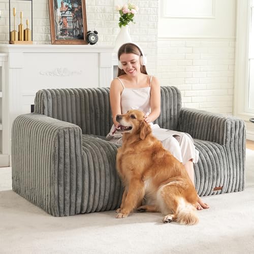 Bean Bag Chairs for Adults Large Fluffy Bean Bag Sofa Two-seat BeanBag Chair with Armrest Plush Comfy Chair with Handle Foam Loveseat for Living Room, Bedroom, Apartment, Dorms(Grey, Large)