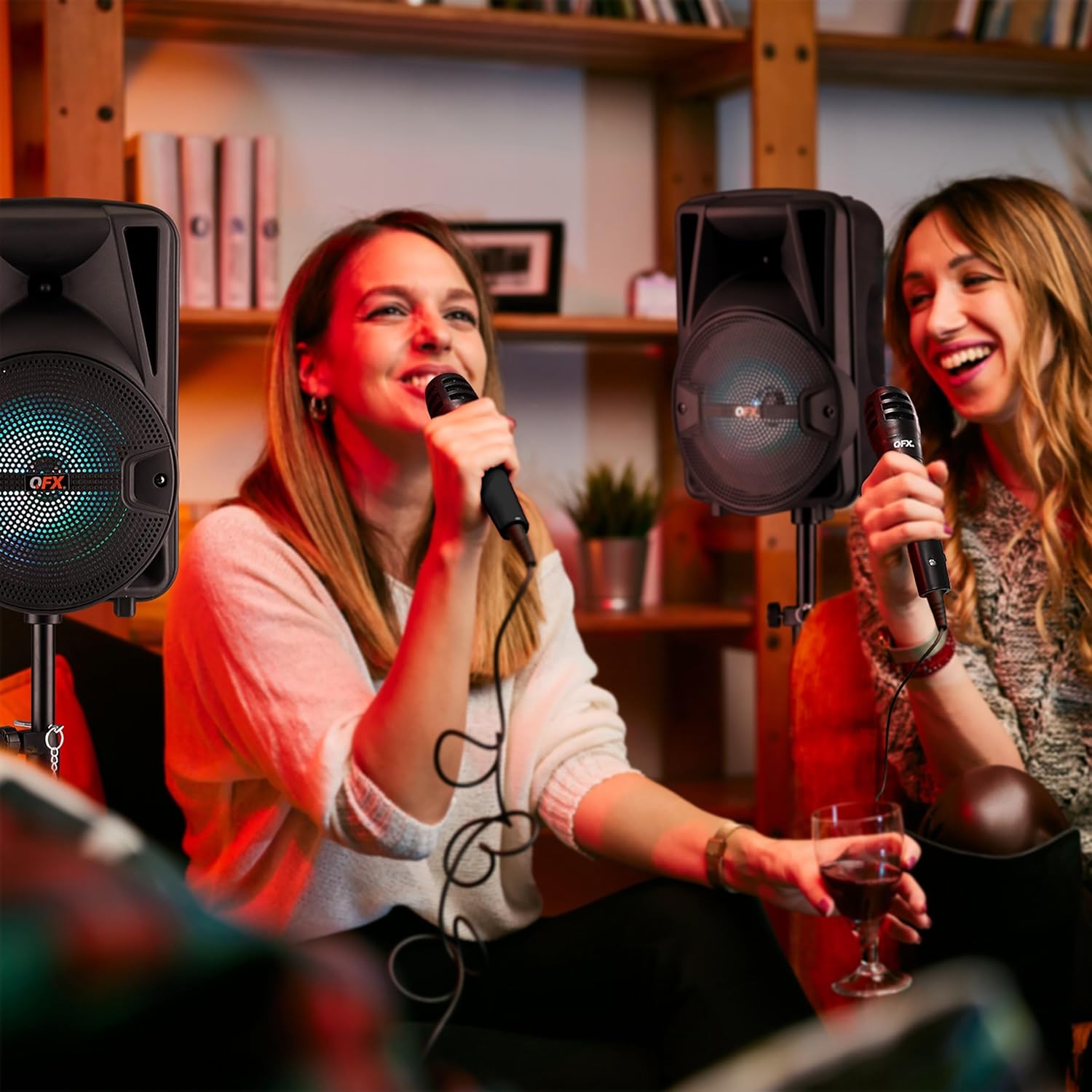 QFX PBX-800TWS 8-Inch TWS Bluetooth Stereo PA System with 2 8" Speakers, 2 Microphones, 2 Stands, and a Remote Control
