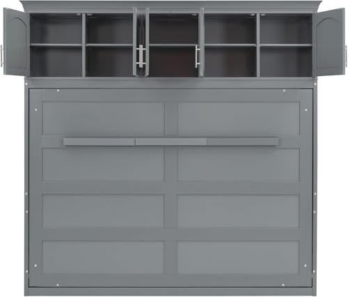 MERITLINE Queen Horizontal Murphy Bed Cabinet with Storage Bookcase Shelves and Charging Station,Wood Folding Grey Murphy Wall Bed for Adult