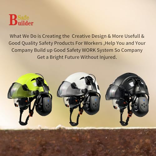 SAFEBUILDER Safety Helmet with Visor Bluetooth Ear Muffs SNR 26dB Hard Hat with Visors Mounted Ear muff Hardhats Vented ANSI Z89.1