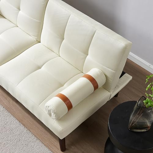 Convertible Sofa Bed Futon Linen Sleeper Couch with Adjustable Backrests Soild Wood Legs for Bedroom Living Room White