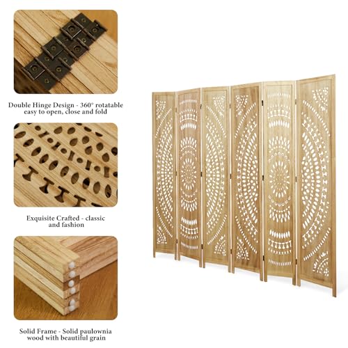 Room Divider Wood Carved Wall Divider Indoor Folding Bohemian Style Portable Partition Screen for Home Office Garden Terrace - 6 Panels (Antique, White-Washed)