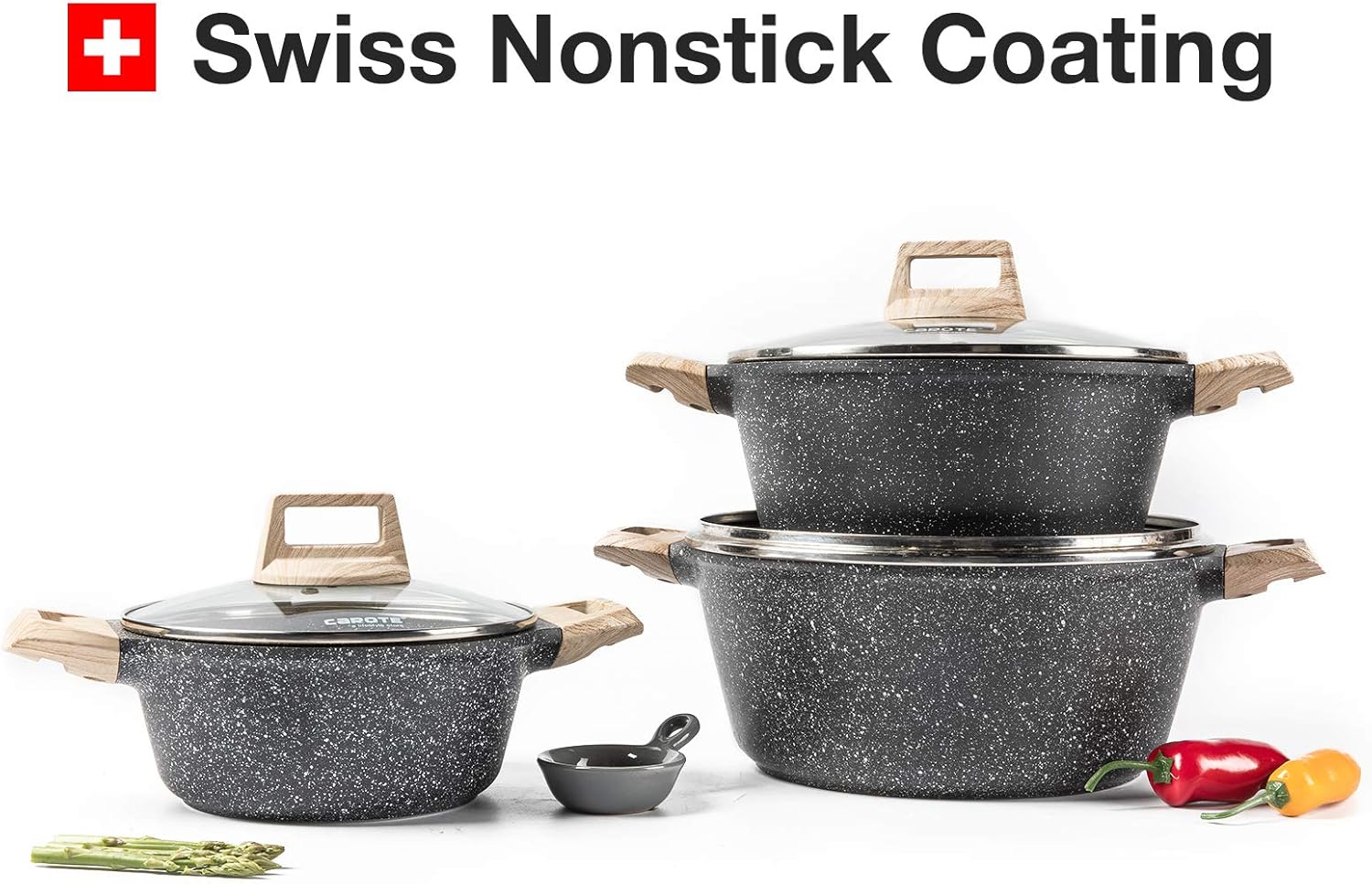 Carote Nonstick Cookware Set,10 Pcs Nonstick Cookware Set Pan and Pot, Essential Woody, Classic Granite