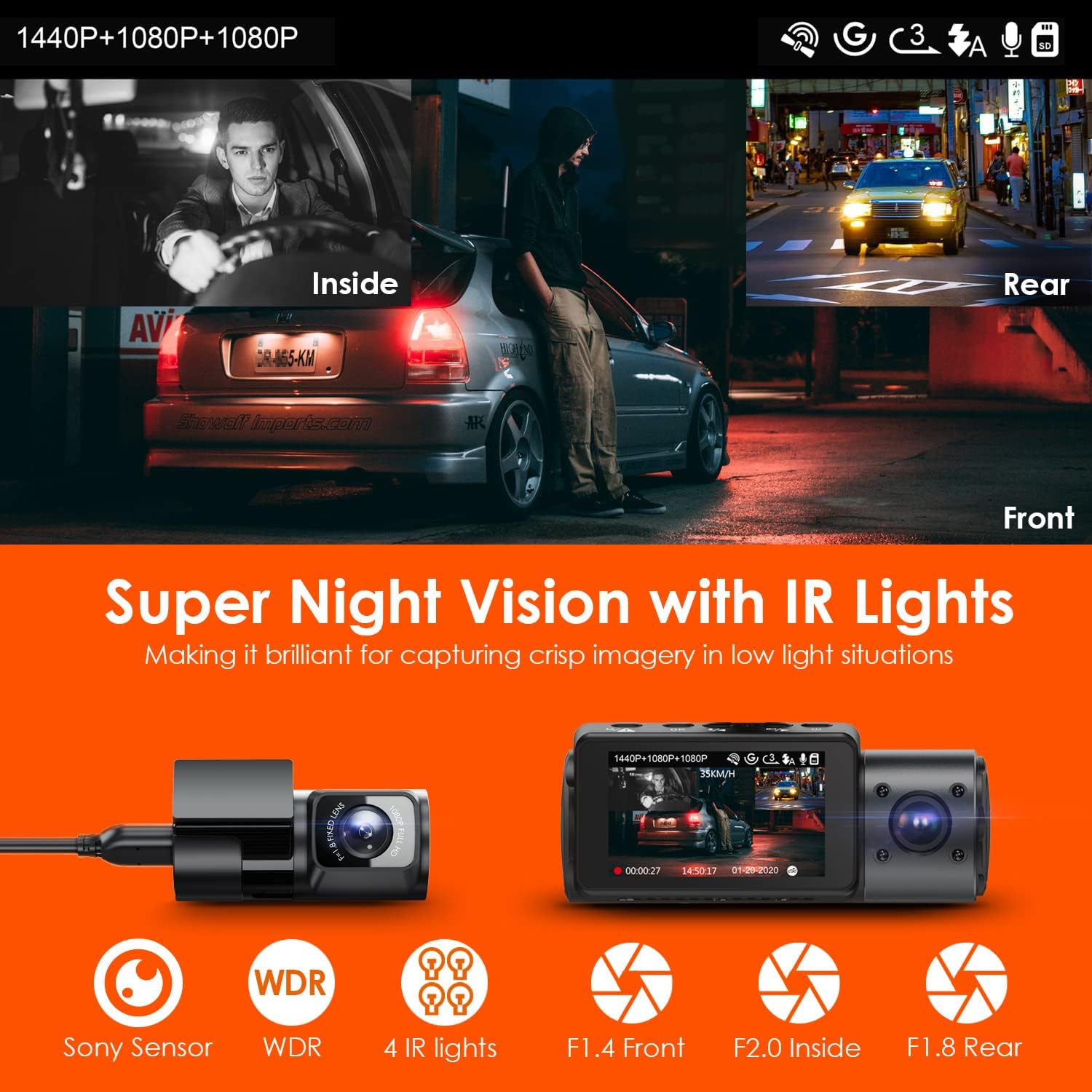Vantrue N4 3 Channel 4K Dash Cam, 4K+1080P Front and Rear, 4K+1080P Front and Inside, 1440P+1080P+1080P Three Way Triple Car Camera, IR Night Vision, 24 Hour Parking Mode, Capacitor, Support 256GB Max