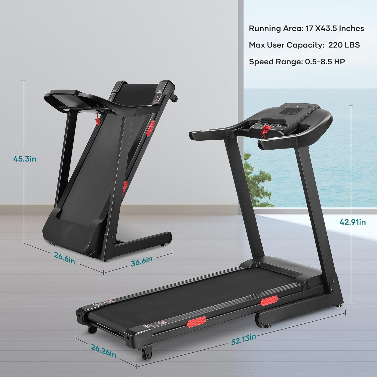 Treadmill with 15% Auto Incline 17.5'' Foldable Treadmill with Bluetooth Speaker Control Treadmill with Incline 5 Pre-Set Training Programs LCD Monitor 8.5 MPH Treadmills for Home Office Gym Use