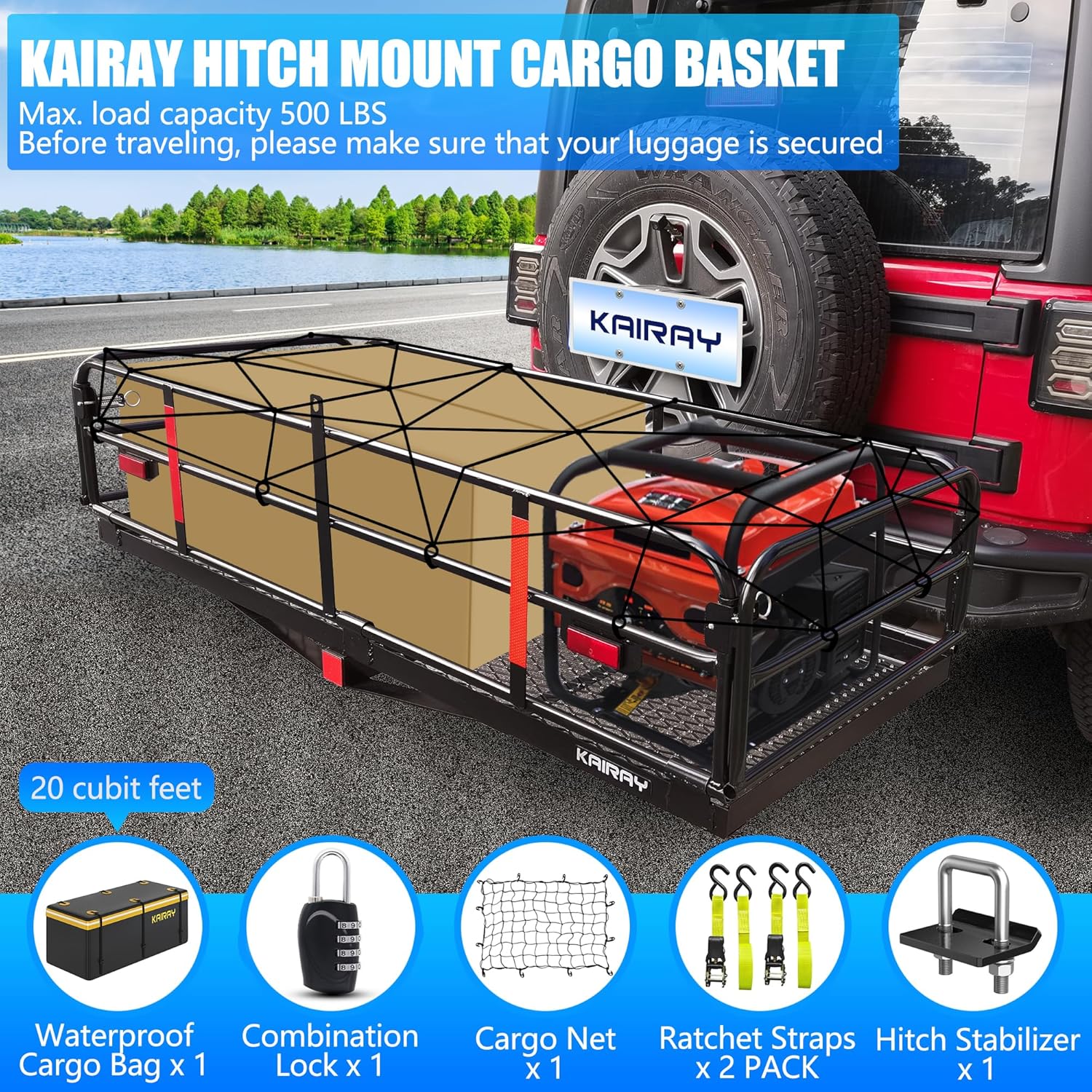 500 Lbs Heavy Duty Hitch Mount Cargo Carrier 60"x24"x14.4" Folding Rear Luggage Rack Basket Fits 2" Receiver for Car SUV Camping Traveling with Stablizer Waterproof Bag Net Ratchet Straps Lock