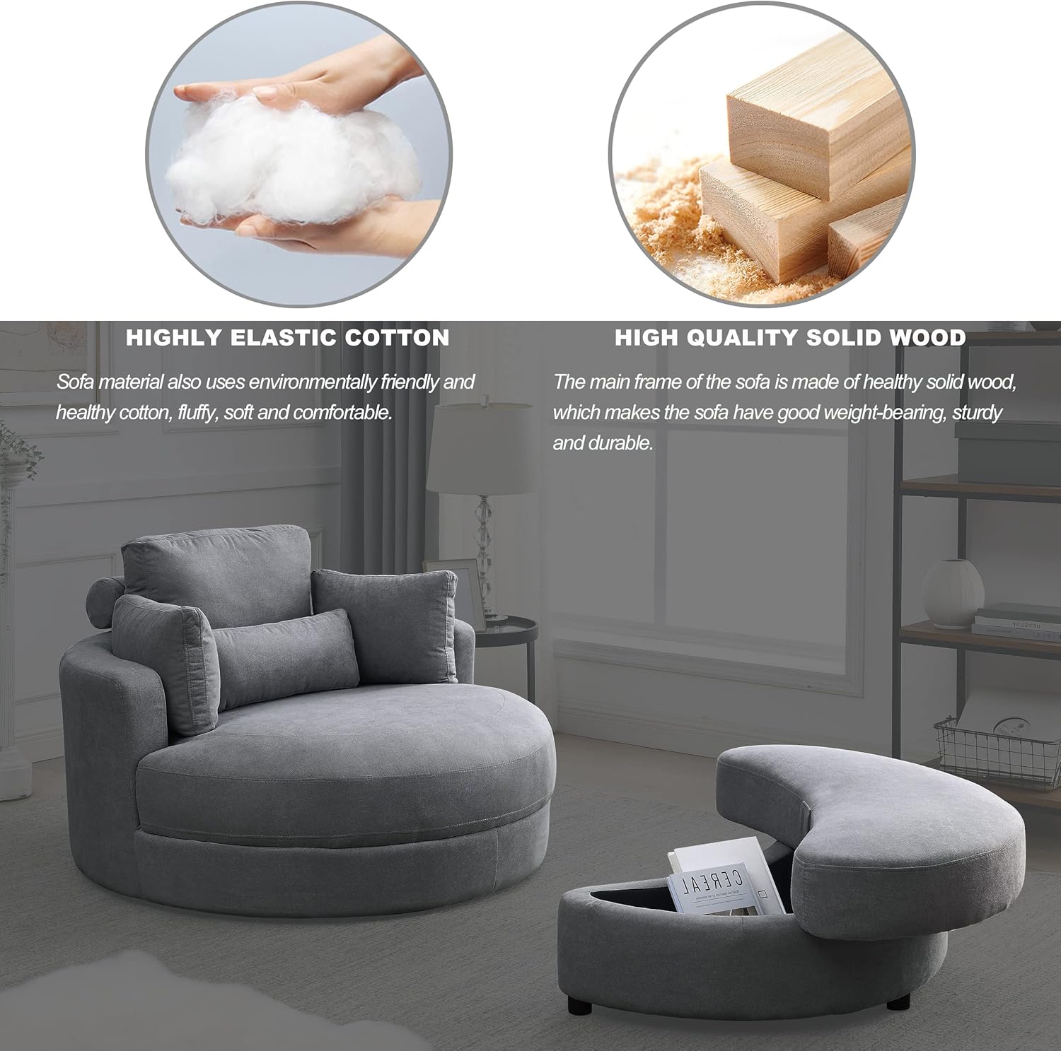 Welike Swivel Accent Barrel Modern Dark Grey Sofa Lounge Club Big Round Chair with Storage Ottoman Linen Fabric for Living Room Hotel with Pillows