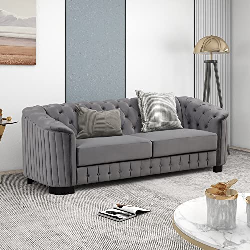 3 Piece Living Room Set, Velvet Chesterfield Sofa Loveseat Couch Chair Set 3-Seat Sofa Couches Set of 3 with Button and Nailhead Grey