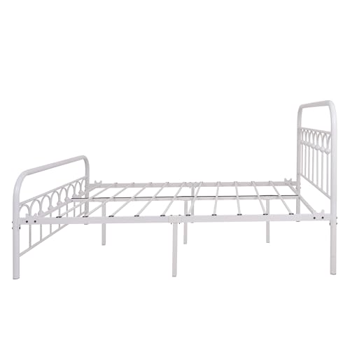 YALAXON Vintage Sturdy Queen Size Metal Bed Frame with Headboard and Footboard Basic Bed Frame No Box Spring Needed (Queen,White)