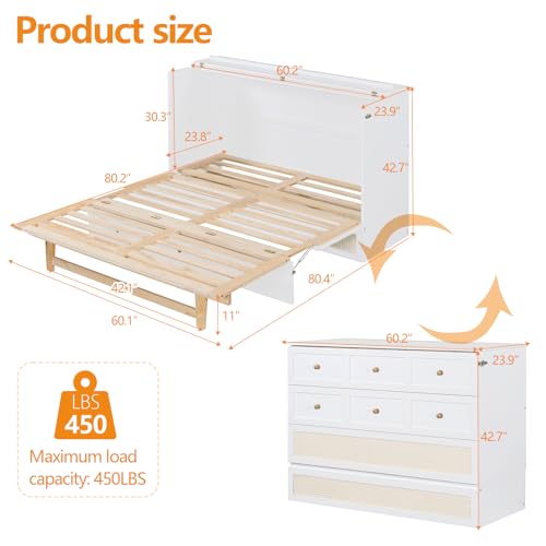 Full Size Murphy Bed,Multi-Functional Night & Day Furniture Murphy Cabinet Bed,with Large Drawers,Hidden Murphy Bed for Bedroom, Guest Room,White