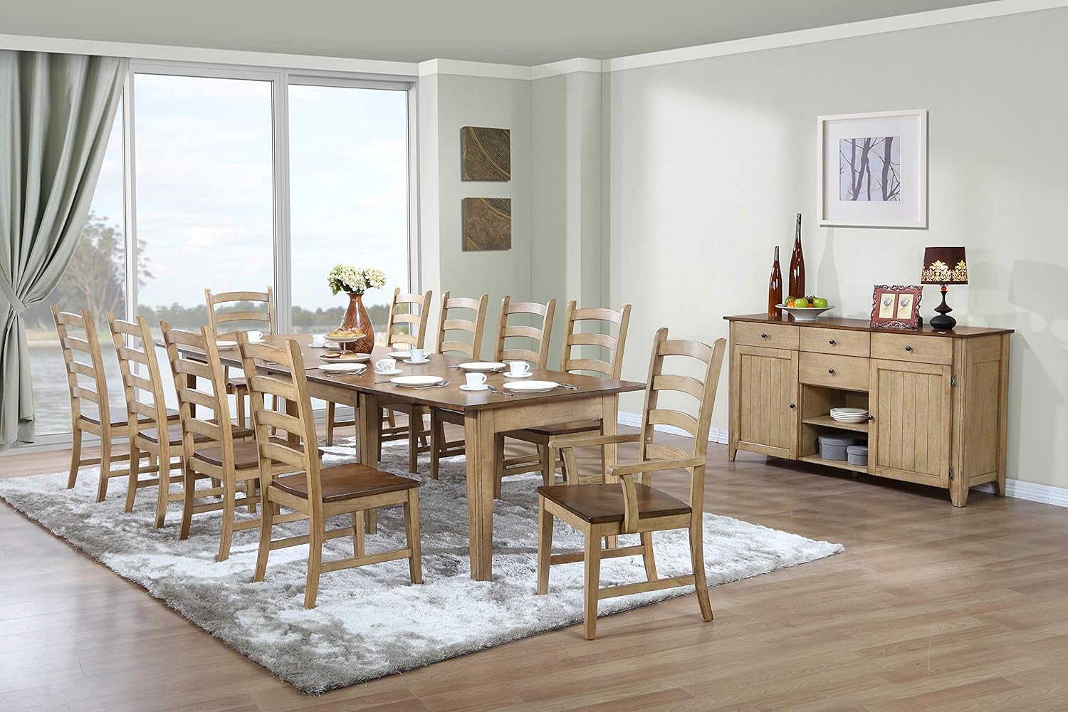 Sunset Trading Brook Dining Table, Distressed two tone light creamy wheat with warm pecan finish top