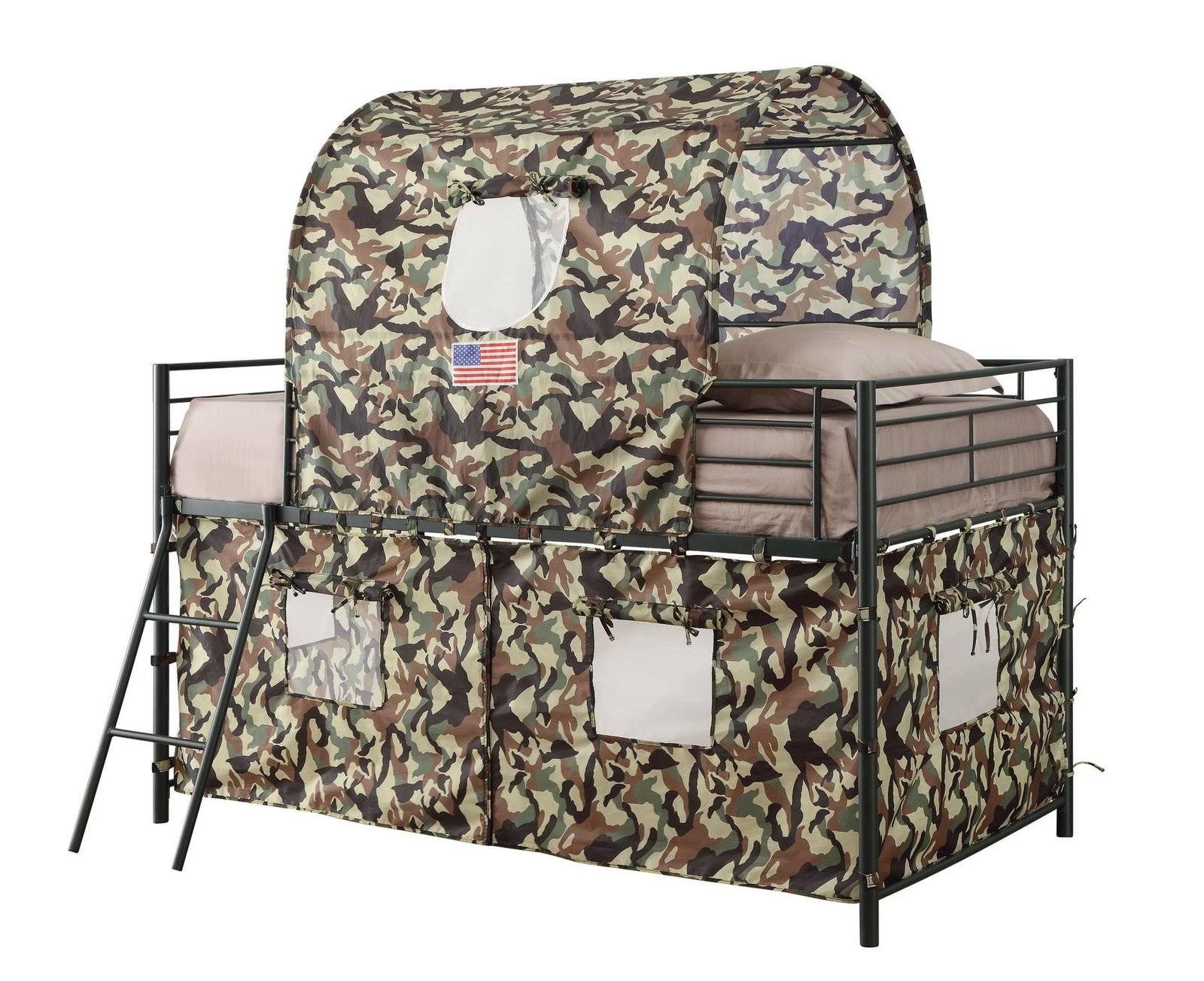 G.I. Twin Loft Bed for Boys - Durable Metal Frame in Glossy Black Finish with Guard Rails and Ladder - Army Camouflage Tent Mesh