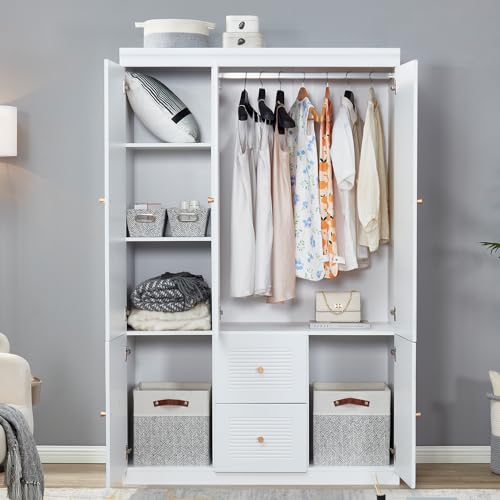 Large Armoire Wardrobe Closet Freestanding 2 Door Drawer Wooden for Bedroom Clothes Organizer Storage Cabinet with Metal Handle Hanging Rod and Shelves White 31.5" L x 19" W x 70.8" H