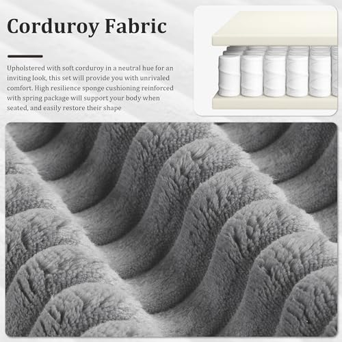 Corduroy Fabric Sofa Couch with 2 Ottomans, 86.6 Inch Width Oversize Loveseat, 3 Seater Comfy Cloud Couch for Living Room Bedroom Apartment-Grey