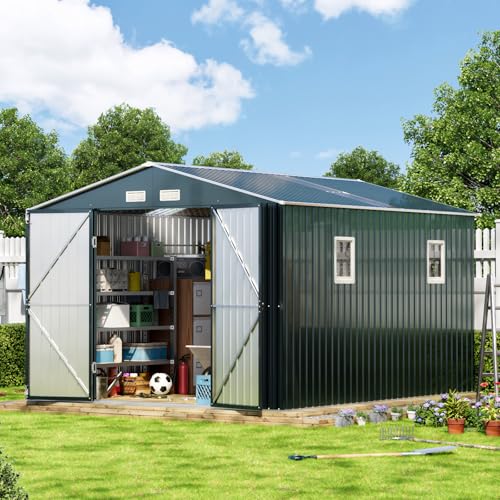 10X12X7.5 FT Outdoor Steel Storage Shed with Lockable Doors, 2 Windows, Transparent Roof Panels (Wood Panels & Frame Floor Not Included), Ideal for Patio Storage,Garbage Can, Chicken Coop，Brown