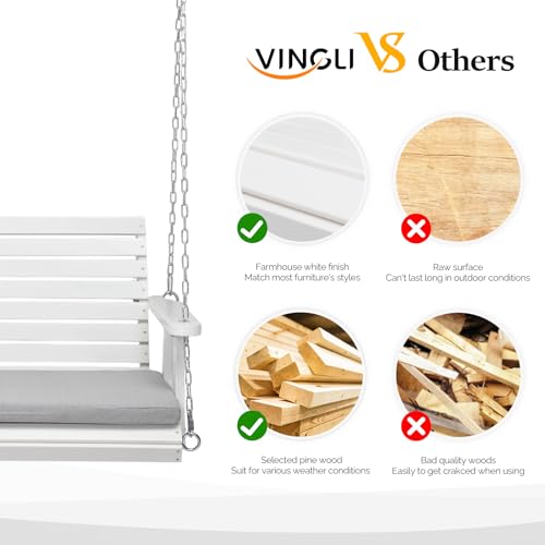 VINGLI Heavy Duty 880 LBS Patio Wooden Porch Swing Outdoor with Extra Cushion, Farmhouse Hanging Bench Tree Swing with Adjustable Chains for Yard | Garden | Lawn | Balcony (5 FT, Rustic)