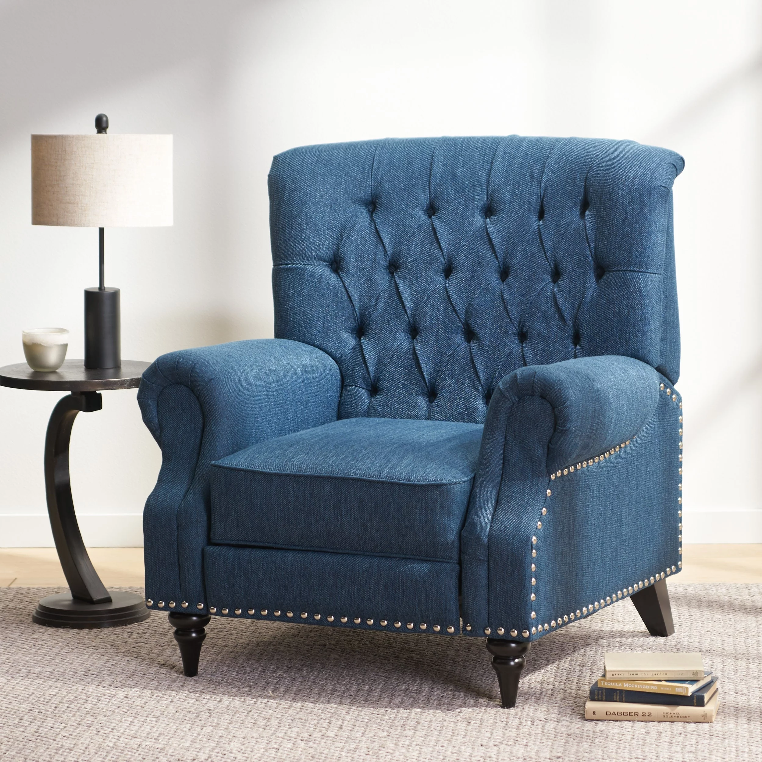 Christopher Knight Home Sunapee  Fabric and Rubberwood Recliner with Nailhead Trim by  Navy Blue/ Espresso/ Fabric