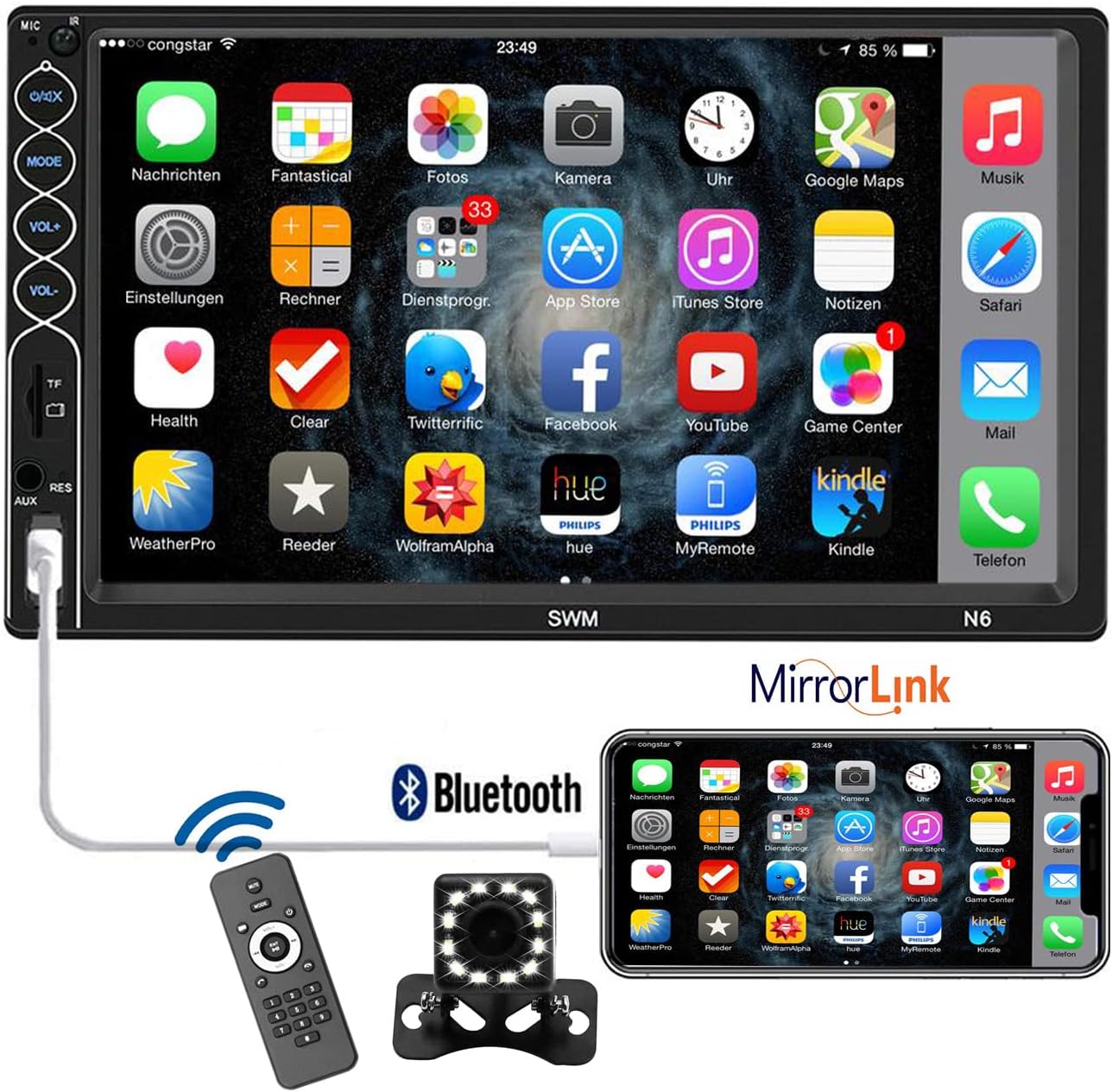 7" Car Stereo Double Din Radio Audio Receivers Digital Media Capacitive Touchscreen MP5 Player with Backup Camera, Support Phone Mirror Link, Steering Wheel Control,Bluetooth Handsfree/USB/SD/AUX