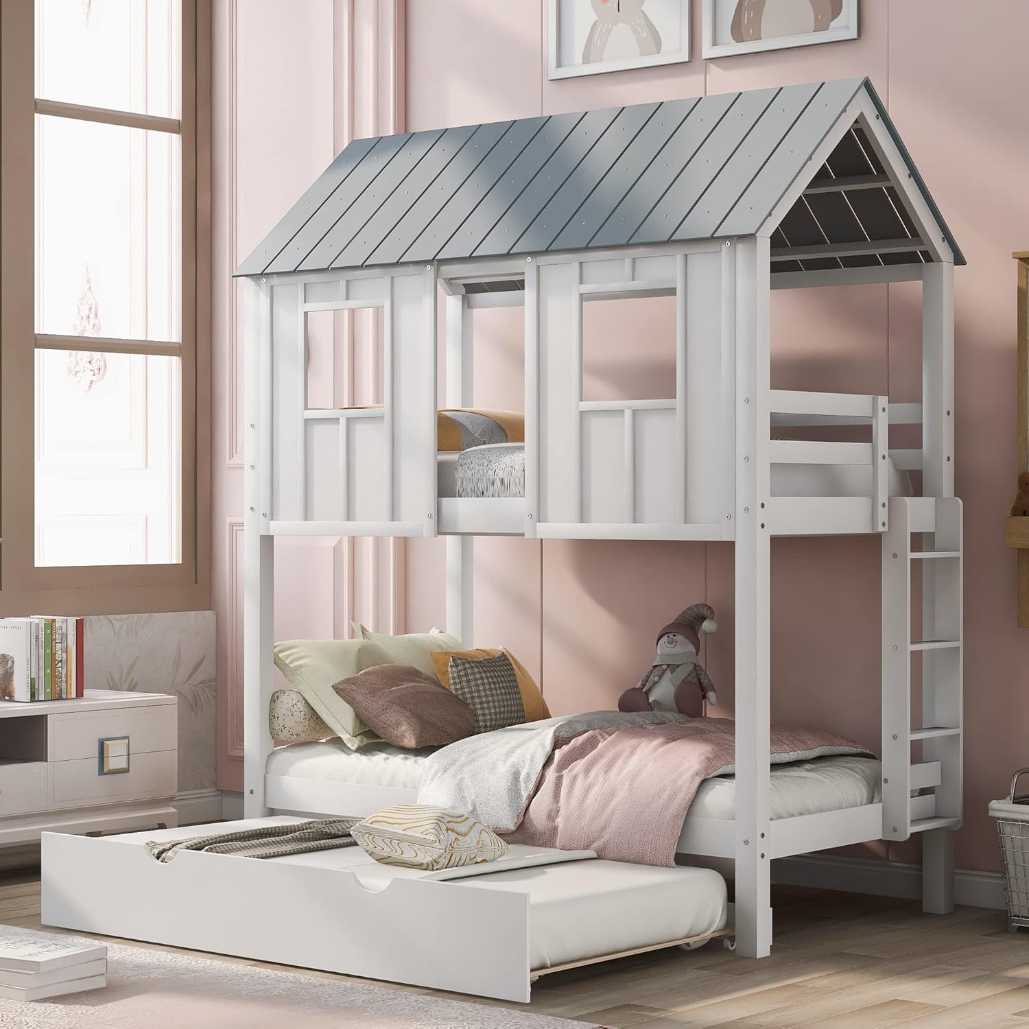 Twin Over Twin House Bunk Beds with Trundle, Wood Bed Frames with Two Front Windows and Roof for Toddlers/Boys/Girls, White