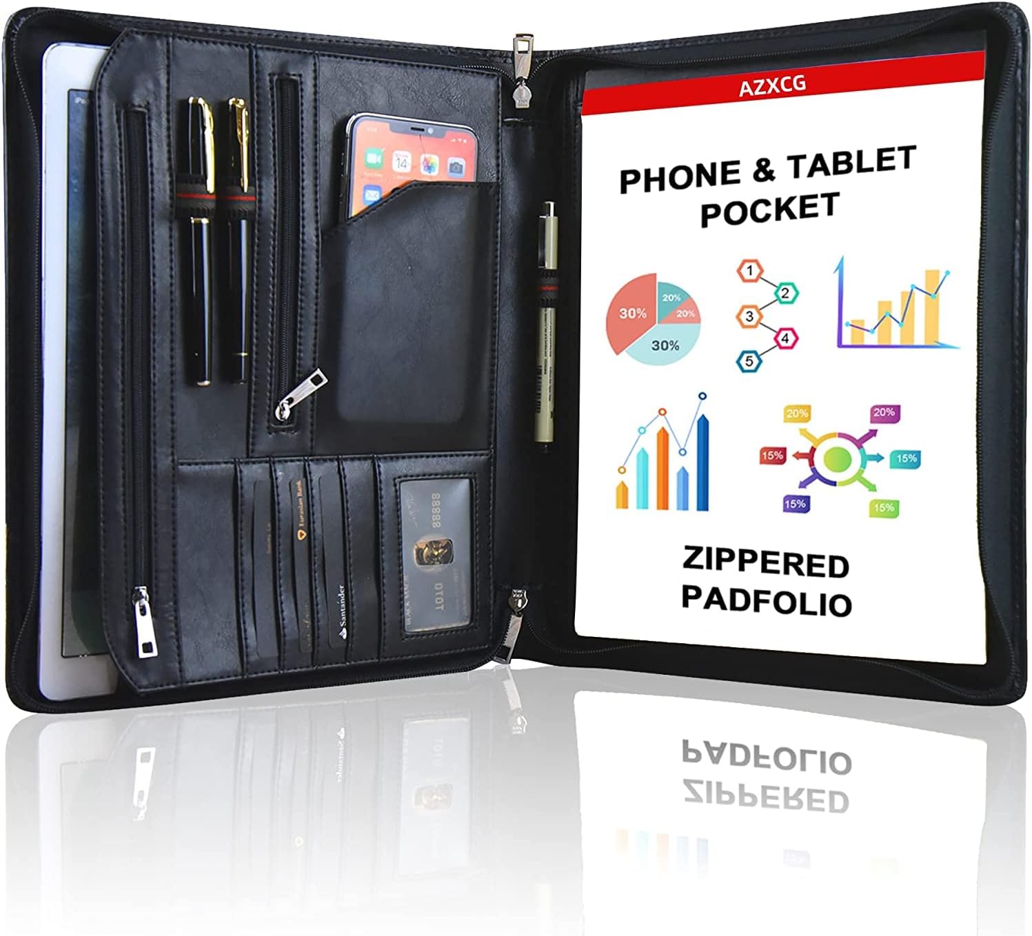 AZXCG Porfolio with YKK Zipper, Resume Portfolio Folder - Interview/Legal Document Organizer & Business Card Holder, Faux Leather,8.5 x 11 Writing Pad