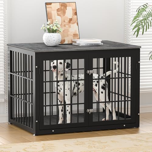 48 Inch Heavy Duty Dog Crate Furniture for Large Dogs, Decorative Pet House End Table, Extra Large Wooden Cage Kennel Furniture Indoor, Natural and White