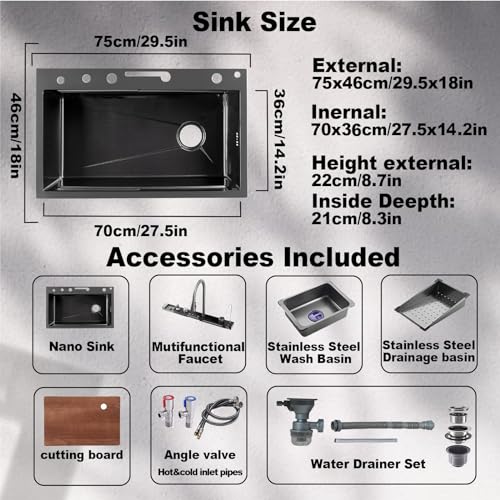 Kitchen Sink with Dual Waterfall Outlets,Digital Kitchen Sink with Cup Washer,Smart Sink with Pull-Out Faucet,304 Stainless Steel Kitchen Sink,Nano Kitchen Sink with All Accessories