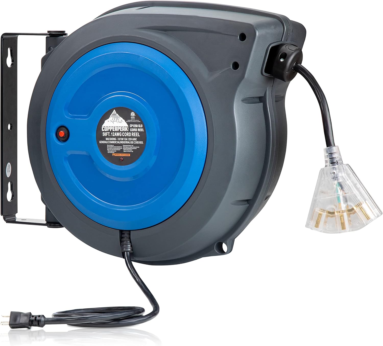 CopperPeak 50 ft Retractable Extension Cord Reel - Ceiling or Wall Mount - 14 gauge - Blue and Black