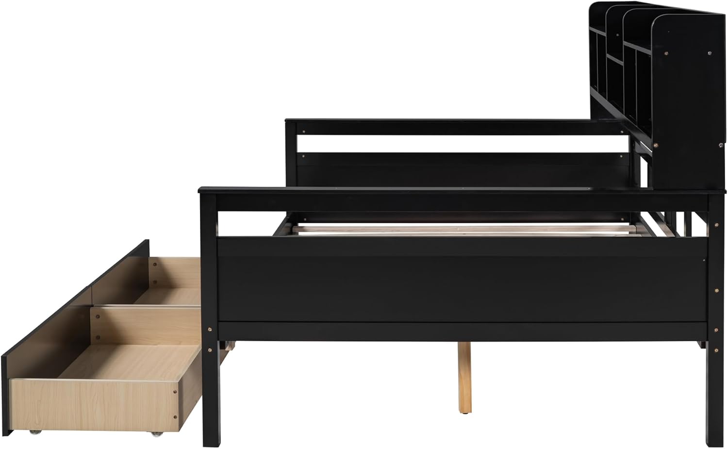 Full Size Wood Daybed with 2 Storage Drawers and Bedside Shelves, Sofa Bed Frame for Livingroom, Bedroom, Espresso