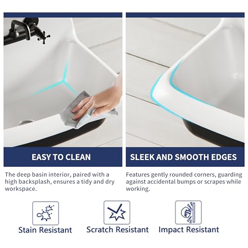 ELLAI 24 Inch Wall Mounted High Back Kitchen Sink White and Black Porcelain Utility Sink Farm Sink Ceramic Farmhouse Laundry Sink Wall Mount Bathroom Sink, 8 in centers, 24” x 17” x 15”