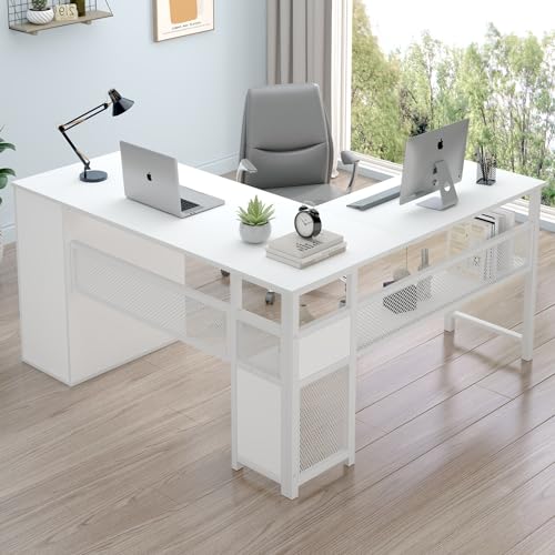 LVB Reversible Gray L Shaped Corner Desk, Farmhouse Wood Computer Desk with File Drawers Cabinets, Large Work Study Executive Home Office Desk with Storage Shelves for Bedroom, Light Grey Oak, 59 Inch