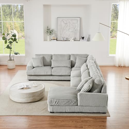 Oversized U-Shaped Sectional Sofa Couch Plush Corduroy Upholstered Modular Deep Seat Sofa&Couch Sectional W/Right Facing Chaise Lounge and 7 Toss Pillows for Home Apartment Living Room Furniture Sets