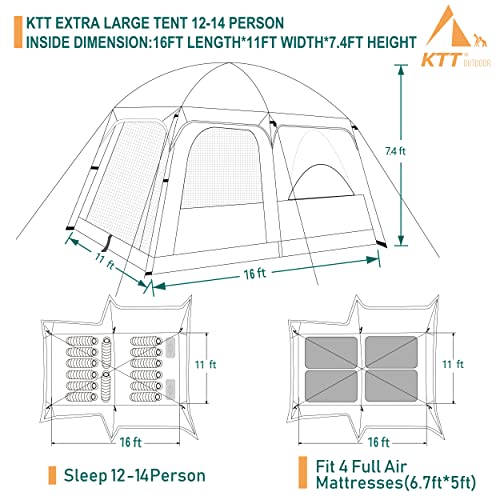 KTT Extra Large Tent 10-12-14 Person(Style-B),Family Cabin Tents,2 Rooms,3 Doors and 3 Windows with Mesh,Straight Wall,Waterproof,Double Layer,Big Tent for Outdoor,Picnic,Camping,Family Gathering