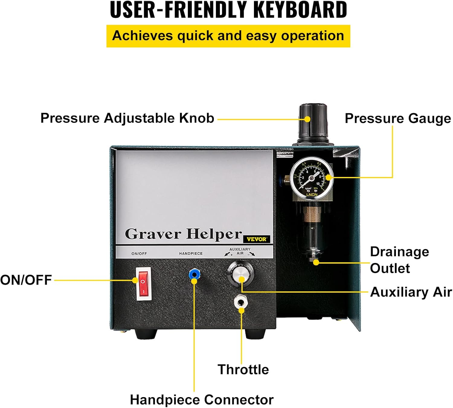 VEVOR Jewelry Pneumatic Engraving Machine 1400 RPM Adjustable Speed Pneumatic Hand Engraving Machines 60Hz 80W Pneumatic Graver Handpiece with Single-Head for Jewelry, Crafts and Wrought Iron