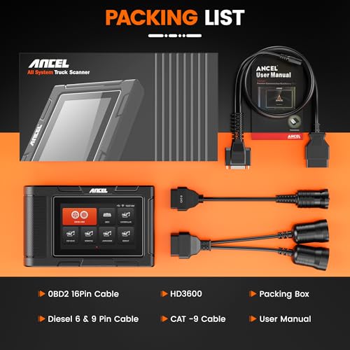 ANCEL HD3600 Heavy Equipment Diagnostic Tool with DPF Regen, Full System Heavy Duty Truck Scanner Machinery Scan Tool Diesel Code Reader Fit for Cummins, Caterpillar, John Deere, Komatsu, Yanmar&Case