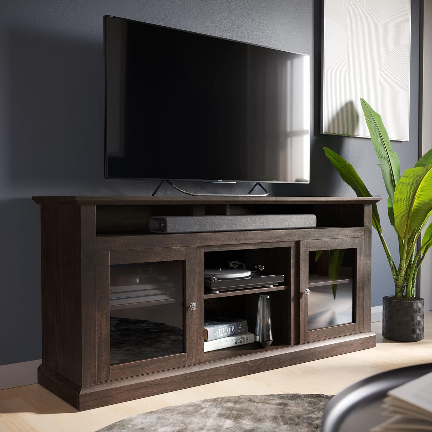 BELLEZE Modern 60 Inch Traditional Electric Fireplace TV Stand & Media Entertainment Center Console Table for TVs up to 65 Inches with Open Storage Shelves & Cabinets - Cayman (Light Gray)