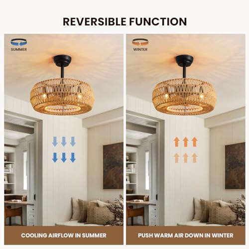 20" Farmhouse Caged Ceiling Fan with Lights Remote Control, Cage Low Profile Bladeless Ceiling Fan, Boho Ceiling Fans with Light for Kitchen, Bedroom, Dining Room