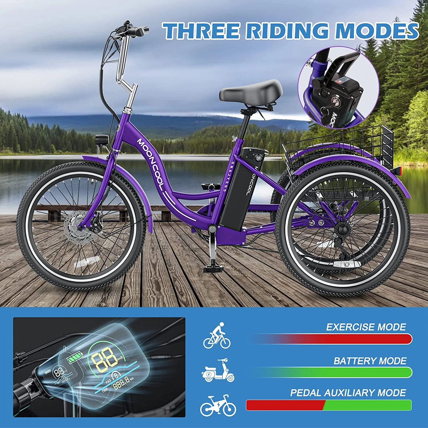 ABORON 350W Electric Trike, 7 Speed 24"/26" 3 Wheel Electric Bicycle with 36V 14.5Ah Lithium Battery UL Certified, Electric Tricycle for Adults with Rear Basket