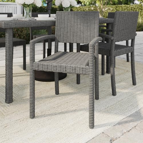 Martha Stewart Bedford Indoor-Outdoor Stackable Patio Armchairs with Rattan Wicker Finish in Brown, Set of 2