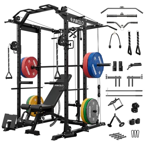 Mikolo Power Cage, Power Rack with Cable Crossover System, 1500LBS Squat Rack with LAT Pull Down System, Workout Cage with Pulley System for Fitness Home Gym