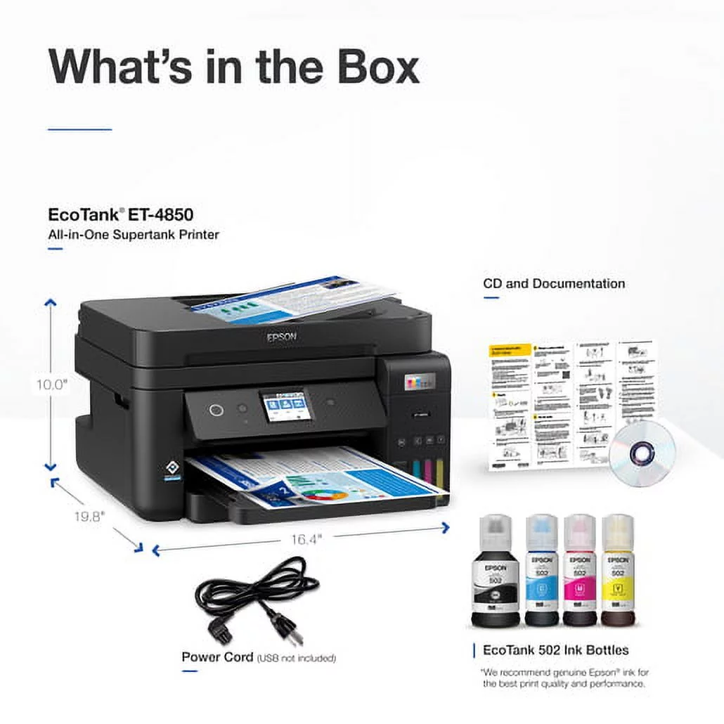 Epson EcoTank ET-4850 Wireless All-in-One Cartridge-Free Supertank Printer with Scanner, Copier, Fax, ADF and Ethernet ? The Perfect Printer for Your Office